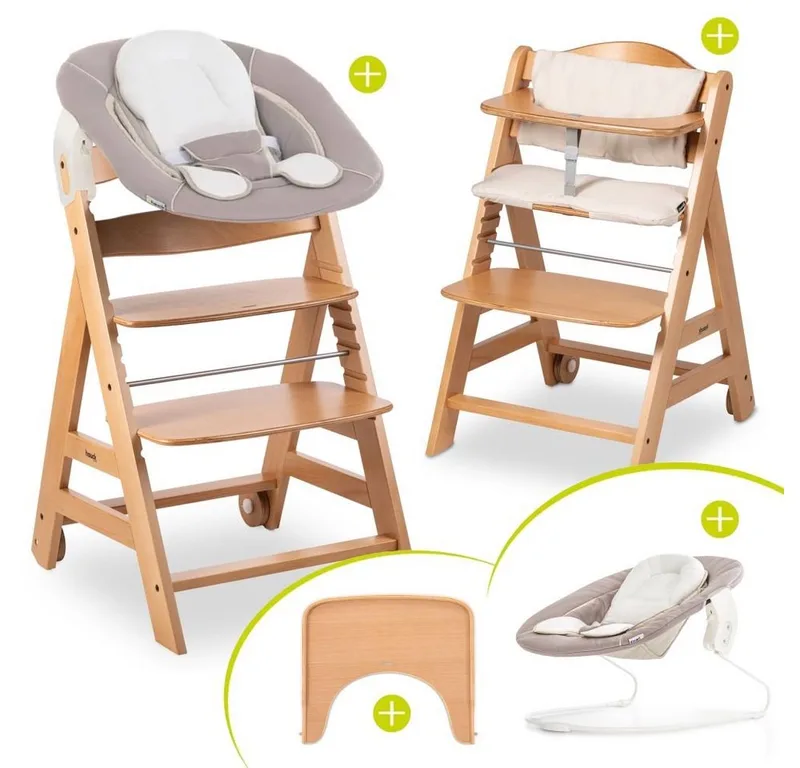Hochstuhl Beta Plus Natur - Newborn Set, Babystuhl ab Geburt inkl. Aufsatz für Neugeborene, Tisch, Sitzauflage by Hauck – product photo