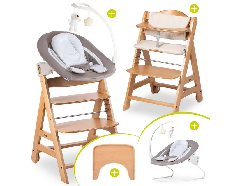 Hochstuhl Beta Plus Natur - Newborn Set Deluxe, Holz Babystuhl ab Geburt, Aufsatz für Neugeborene, Sitzkissen, Tisch by Hauck in Beige – product photo