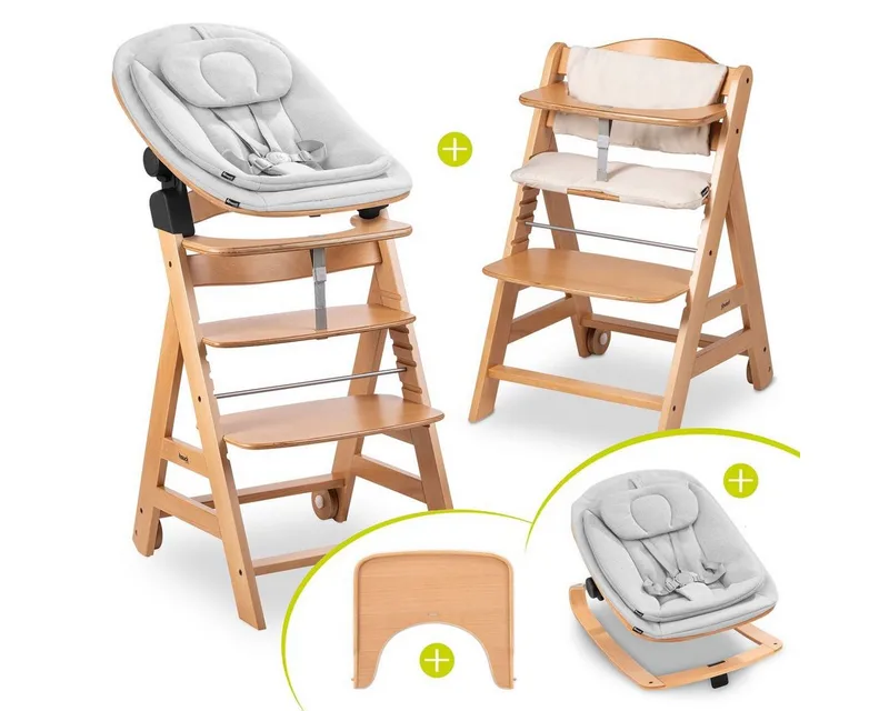 Hochstuhl Beta Plus Natural Newbornset Eco - Light Grey (Set), Holz Babystuhl ab Geburt mit Neugeborenensufsatz, Sitzkissen, Essbrett by Hauck in Beige – product photo