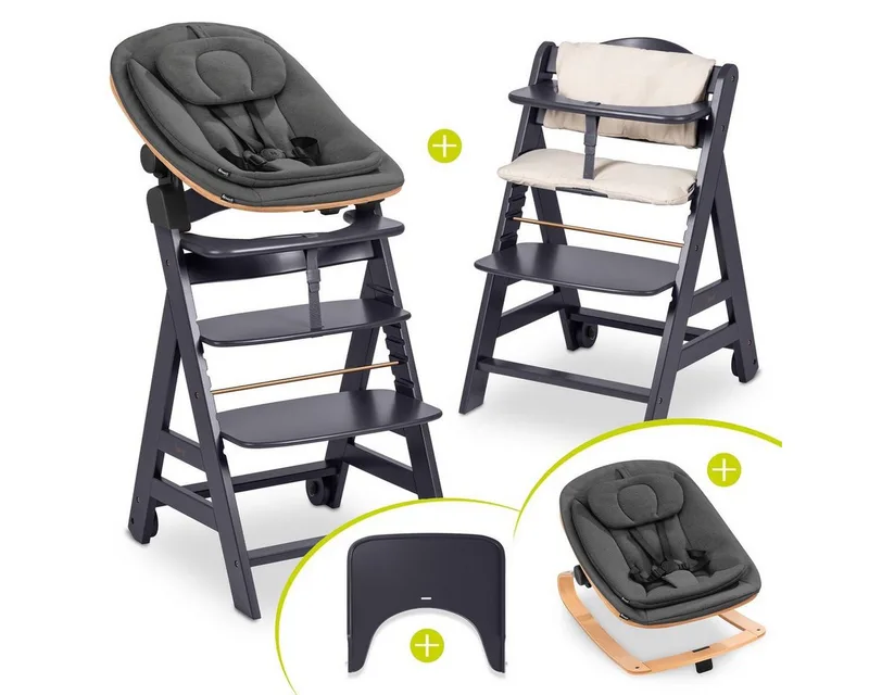 Hochstuhl Beta Plus Newborn Set - Eco - Dark Grey, Holz Babyhochstuhl ab Geburt mit Neugeborenensufsatz & Sitzkissen van Hauck in Grau – productfoto