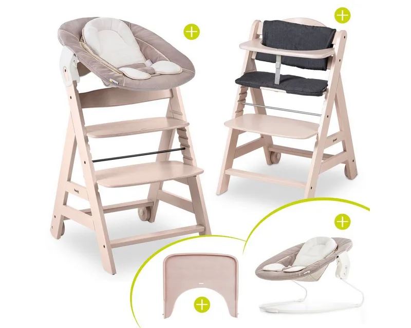 Hochstuhl Beta Plus Whitewashed Newborn Set - Stretch Babystuhl ab Geburt inkl. Aufsatz für Neugeborene, Tisch, Sitzauflage van Hauck in Beige – productfoto