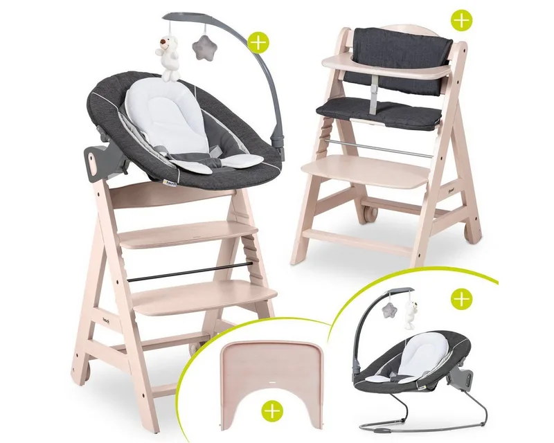 Hochstuhl Beta Plus Whitewashed Newborn SetWippe Deluxe, Holz Babystuhl ab Geburt mit Neugeborenensufsatz, Sitzkissen, Essbrett by Hauck in Weiß – product photo