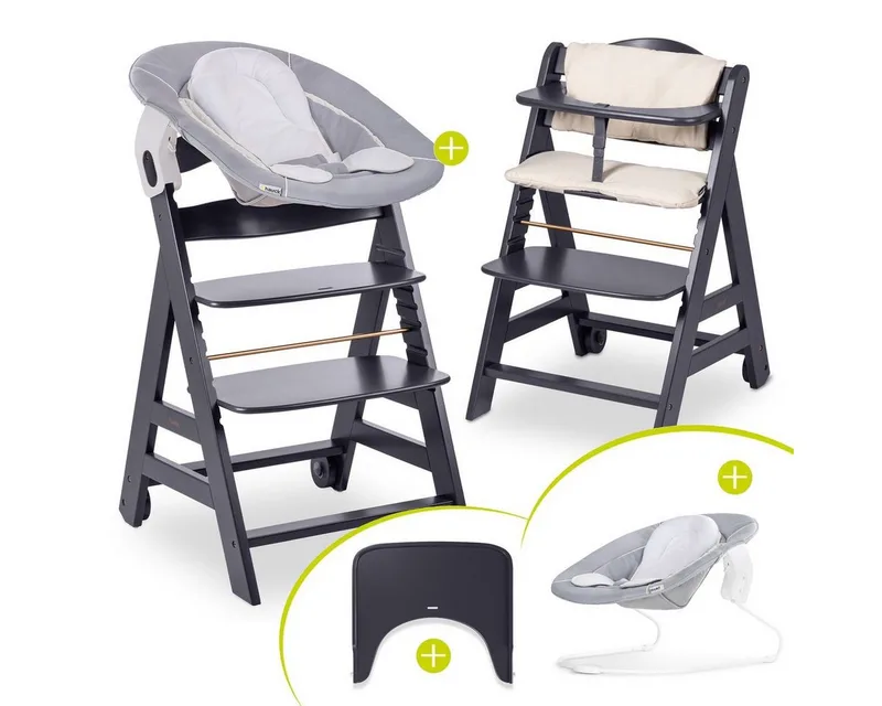 Hochstuhl Hauck Beta Plus Newborn Set - Dark Grey, Holz Babystuhl ab Geburt mit Neugeborenenaufsatz, Sitzkissen, Essbrett van Hauck in Grau – productfoto