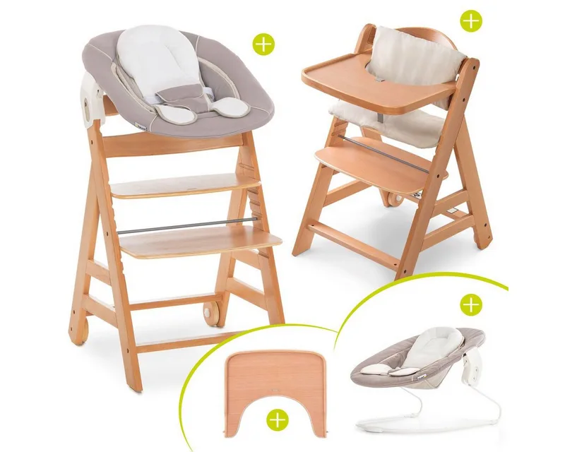 Hochstuhl Move Natur Newborn Set (5 St), Holz Babystuhl ab Geburt mit Neugeborenenaufsatz, Sitzkissen, Essbrett by Hauck in Beige – product photo