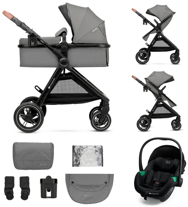 ESME PRO 3-in-1 – Kinderwagen – Reissysteem – Compact inklapbaar met zitje van Kinderkraft in Grijs – productfoto