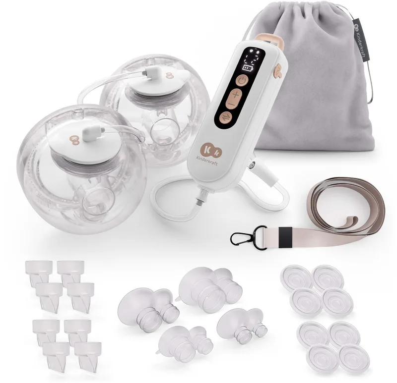 GENTLEFLOW Hands-Free Dubbele Borstkolf – Elektrische – Draadloos & Zeer Stil - Drievoudig Systeem met 9 Niveaus - Licht – 2 x 180 ml Reservoir – 4 Borstschilden (17–24 mm) by Kinderkraft in Goud – product photo