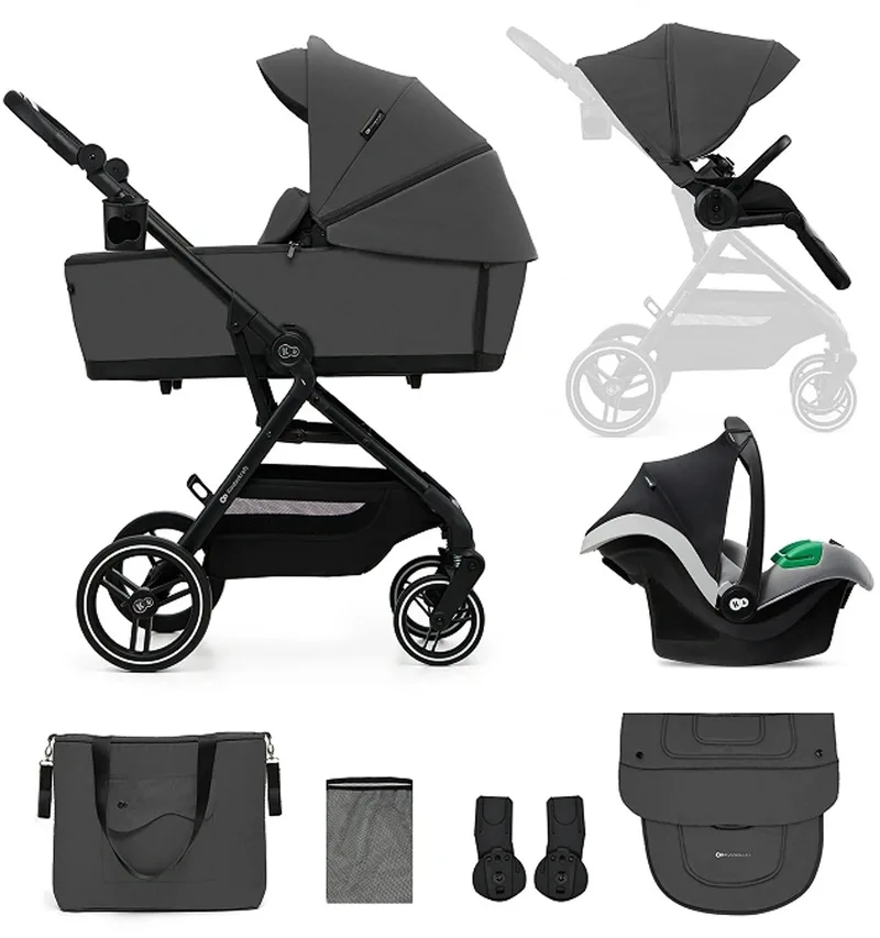 YOXI 3-in-1 Kinderwagen – Van Geboorte tot 22 kg – Reiswieg, Wandelzitje & MINK PRO i-Size Autostoel van Kinderkraft in Grijs – productfoto