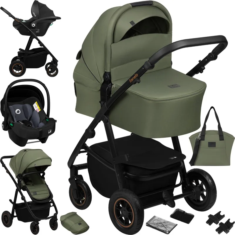 Amber Plus 3-in-1 - Kinderwagen - Reiswieg - Autostoeltje - XXL Ventilatie van Lionelo in Groen – productfoto