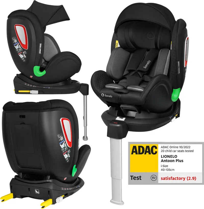 Antoon Plus i-Size Autostoel 0-18 kg (40-105 cm) - 360° Draaibaar - ISOFIX met Stabilisatiepoot - ADAC veiligheidscertificaat - RWF/FWF - 5-Puntsgordel - SIPS Zijbescherming - Verstelbare Hoofdsteun & Rugleuning by Lionelo in Zwart – product photo