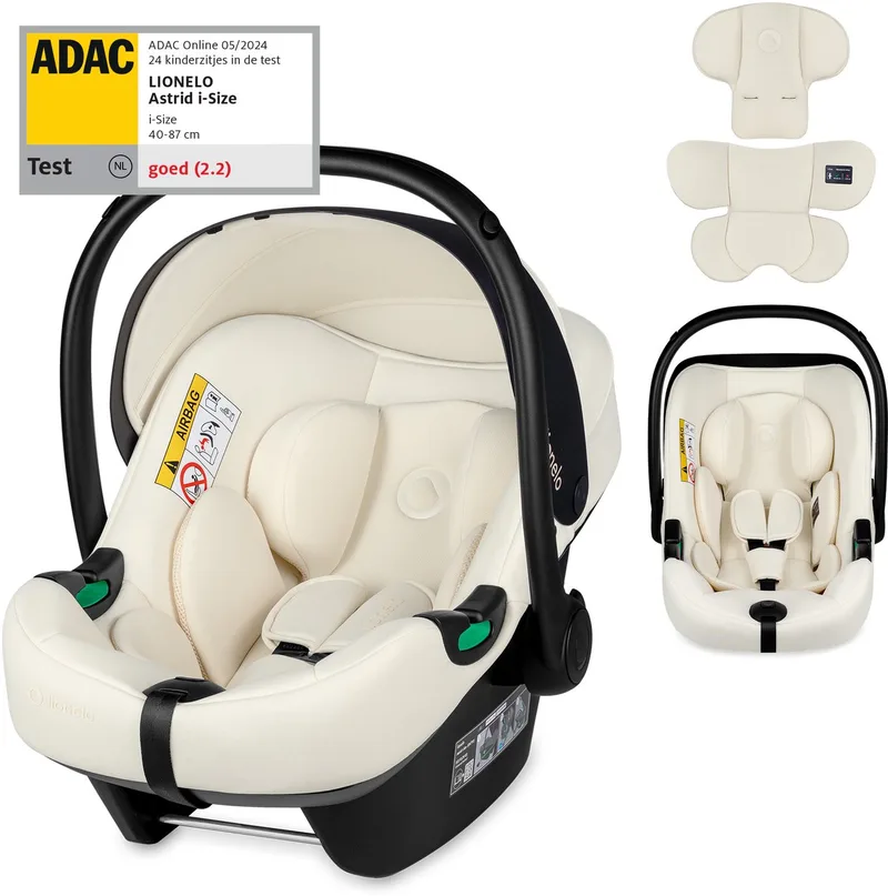 Astrid i-Size Autostoel – ADAC 5-sterren – 40-87 cm – RWF – Memory Foam – Verstelbare hoofdsteun (7 cm) – Holmbergs gordels – Compatibel met ISOFIX-base & kinderwagen – i-Size norm – Licht & veilig by Lionelo in Cream – product photo