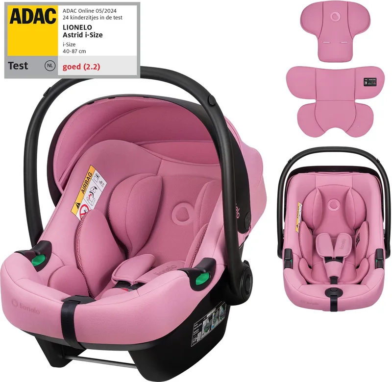 Astrid i-Size Autostoel – ADAC 5-sterren – 40-87 cm – RWF – Memory Foam – Verstelbare hoofdsteun (7 cm) – Holmbergs gordels – Compatibel met ISOFIX-base & kinderwagen – i-Size norm – Licht & veilig by Lionelo in Roze – product photo