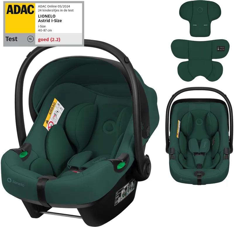 Astrid i-Size Autostoel – ADAC 5-sterren – 40-87 cm – RWF – Memory Foam – Verstelbare hoofdsteun (7 cm) – Holmbergs gordels – Compatibel met ISOFIX-base & kinderwagen – i-Size norm – Licht & veilig van Lionelo in Groen – productfoto
