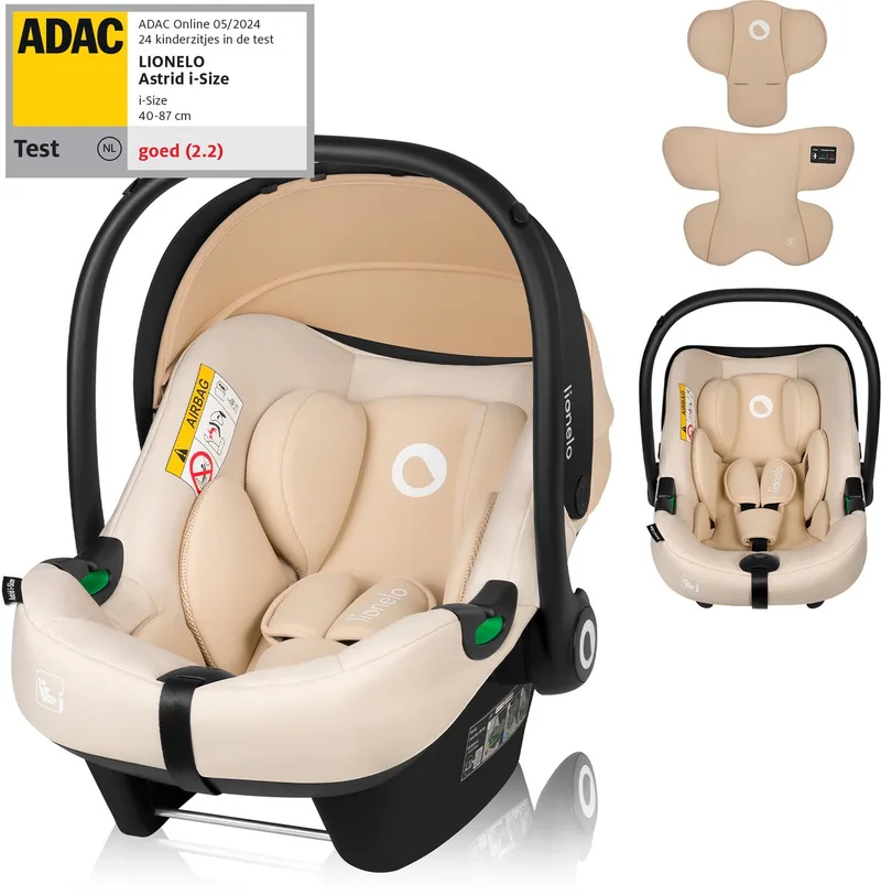 Astrid i-Size Autostoel – ADAC 5-sterren – 40-87 cm – RWF – Memory Foam – Verstelbare hoofdsteun (7 cm) – Holmbergs gordels – Compatibel met ISOFIX-base & kinderwagen – i-Size norm – Licht & veilig by Lionelo in Beige – product photo
