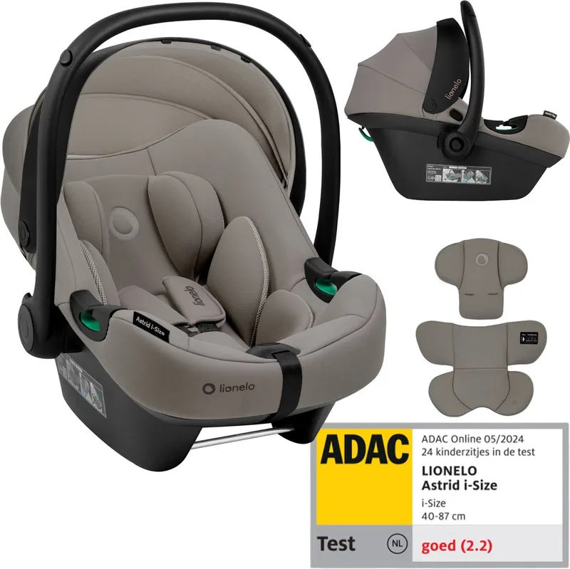 Astrid i-Size Autostoel – ADAC 5-sterren – 40-87 cm – RWF – Memory Foam – Verstelbare hoofdsteun (7 cm) – Holmbergs gordels – Compatibel met ISOFIX-base & kinderwagen – i-Size norm – Licht & veilig van Lionelo in Donkerbeige – productfoto