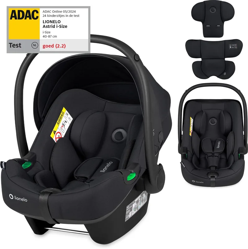 Astrid i-Size Autostoel – ADAC 5-sterren – 40-87 cm – RWF – Memory Foam – Verstelbare hoofdsteun (7 cm) – Holmbergs gordels – Compatibel met ISOFIX-base & kinderwagen – i-Size norm – Licht & veilig by Lionelo in Zwart – product photo
