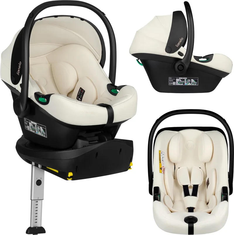 Astrid i-Size Set Plus – Baby Autostoel 40-87 cm + 180° Draaibare ISOFIX Base – Vanaf Geboorte tot 13 kg – RWF – Steunpoot – Memory Foam Hoofdsteun – Dri-Seat – ADAC 5 Sterren Veiligheid – R129 i-Size by Lionelo in Beige – product photo