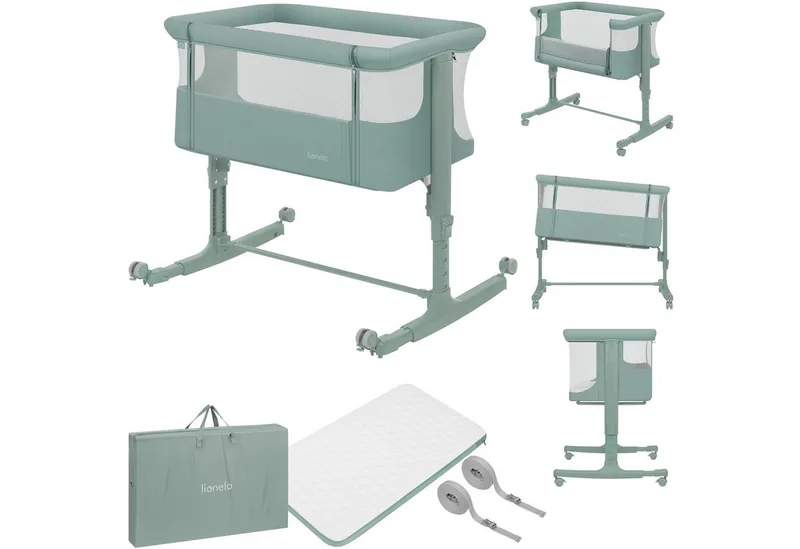 Baby-Reisebett AURORA, 3-in-1: Beistellbett, Babywiege, freistehendes Babybett van Lionelo in Grün – productfoto