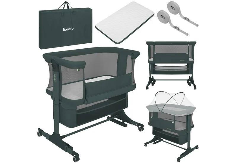 Baby-Reisebett JODIE, 3in1 Beistell/freistehend/Wiege/6 Stufen/Netzseiten/4 Rollen by Lionelo in Green Graphite – product photo