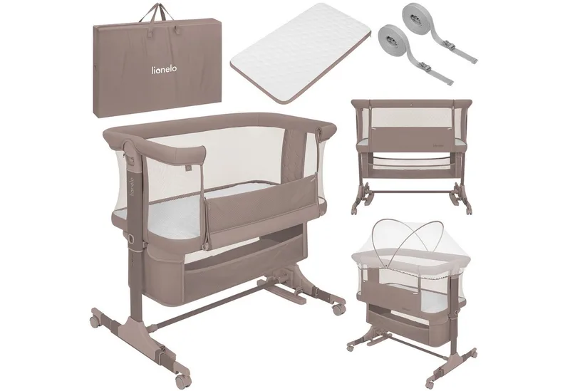 Baby-Reisebett JODIE, 3in1 Beistell/freistehend/Wiege/6 Stufen/Netzseiten/4 Rollen van Lionelo in Beige – productfoto