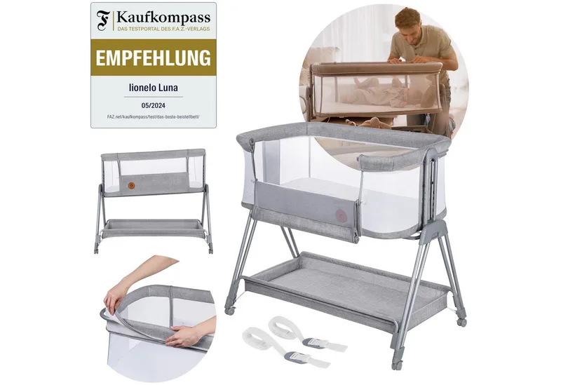 Baby-Reisebett LUNA, 2in14 Rädern mit Bremse6-stufige Höhenverstellung van Lionelo in Grau – productfoto