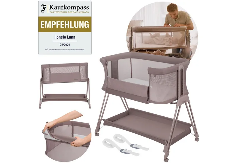 Baby-Reisebett LUNA, 2in14 Rädern mit Bremse6-stufige Höhenverstellung de Lionelo en Beige – photo produit