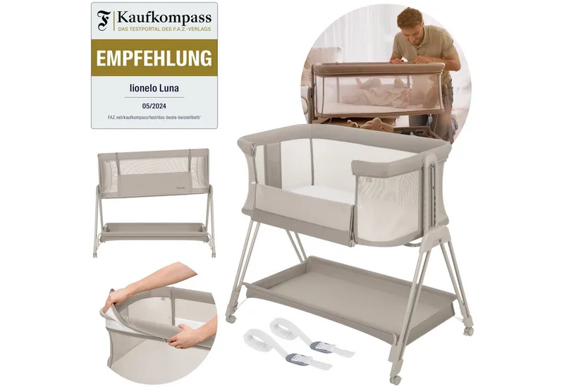 Baby-Reisebett LUNA, 2in14 Rädern mit Bremse6-stufige Höhenverstellung by Lionelo in Beige – product photo