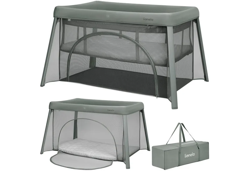 Baby-Reisebett MILA, 2in1/4-cm-Matratze/2 Höhen/360°-Netz/Tasche by Lionelo in Grün – product photo