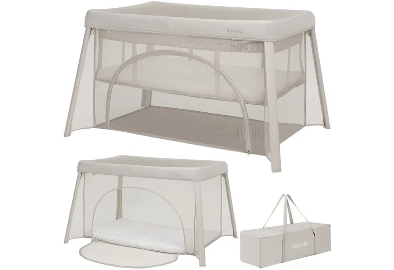 Baby-Reisebett MILA, 2in1/4-cm-Matratze/2 Höhen/360°-Netz/Tasche by Lionelo in Beige – product photo