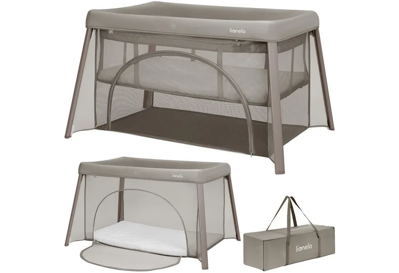 Baby-Reisebett MILA, 2in1/4-cm-Matratze/2 Höhen/360°-Netz/Tasche van Lionelo in Beige – productfoto
