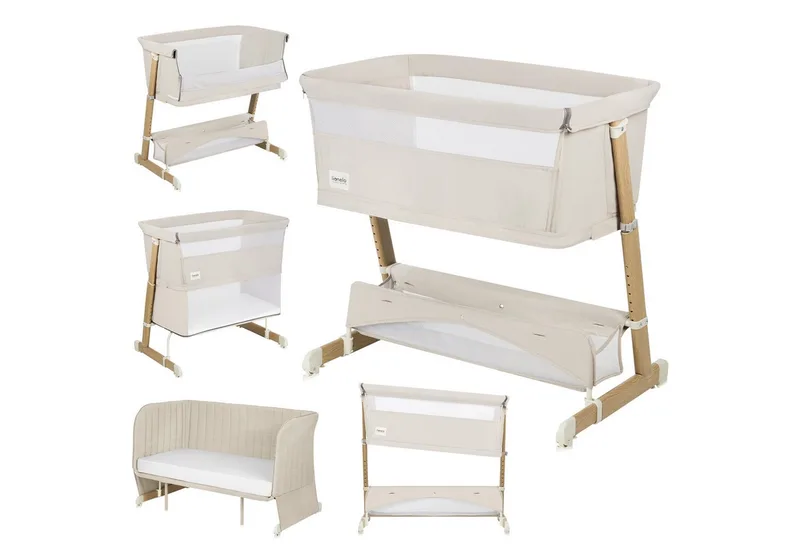 Baby-Reisebett THOMI PLUS, 5-in-1-Bett/Sofa/7 Verstellstufen/2 Rollen van Lionelo in Beige, goldfarben – productfoto