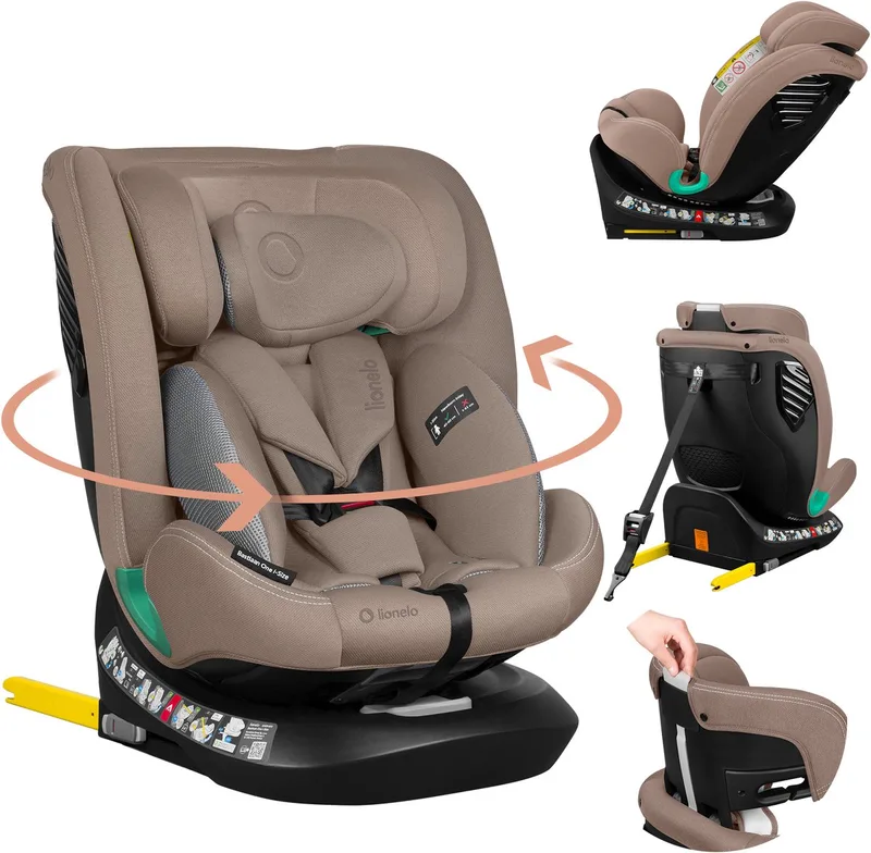 Bastiaan One i‑Size Autostoel – 4-in-1 ISOFIX & Top Tether – Achterwaarts & Voorwaarts – 360° Draaibare EasyTurn Basis – Verstelbare Hoofdsteun & Memory Foam – 40–150 cm – Lange Gebruik & Hoog Veiligheidsniveau by Lionelo in Beige – product photo