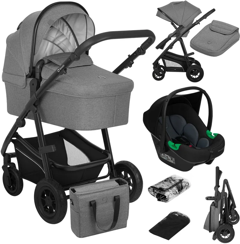 Bianka Kinderwagen 3 in 1 – Reiswieg, Wandelwagen & Autostoel – Compact Opvouwbaar – Omkeerbare Zitting – Luchtbanden met Vering – XXL UPF50+ Capuchon – 0-22 kg – Complete Accessoireset - Astrid i-Size Lite Autostoel van Lionelo in Grijs – productfoto