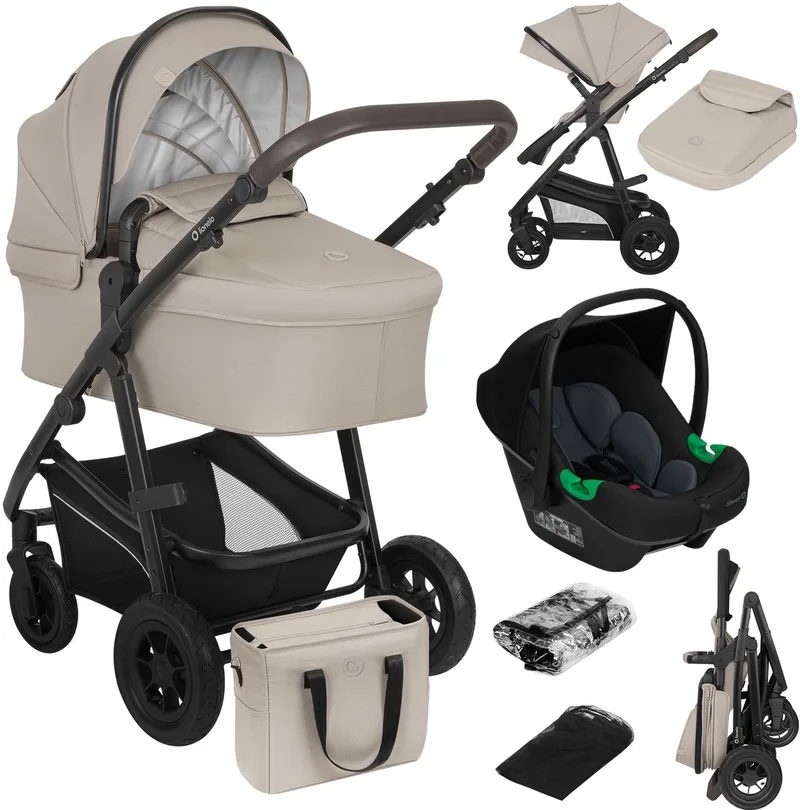 Bianka Kinderwagen 3 in 1 - Reiswieg + Wandelwagen + Autostoel - Grote Luchtbanden, Volledige Vering - Inklapbaar - Verstelbare duwstang - Buggy Omkeerbare Zitting - 0-22kg - Accessoireset van Lionelo in Beige – productfoto