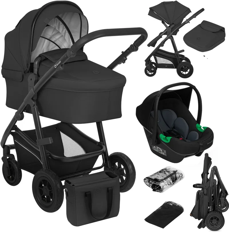 Bianka Kinderwagen 3 in 1 - Reiswieg + Wandelwagen + Autostoel - Grote Luchtbanden, Volledige Vering - Inklapbaar - Verstelbare duwstang - Buggy Omkeerbare Zitting - 0-22kg - Accessoireset van Lionelo in Zwart – productfoto