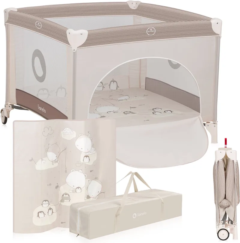 Bonnie Kinderbox - Babybox - tot 15 kg -Zijwanden van luchtige gaas - Ruime speelruimte - Systeem voor snel in- en opvouwen - Meegeleverde draagtas van Lionelo in Beige – productfoto