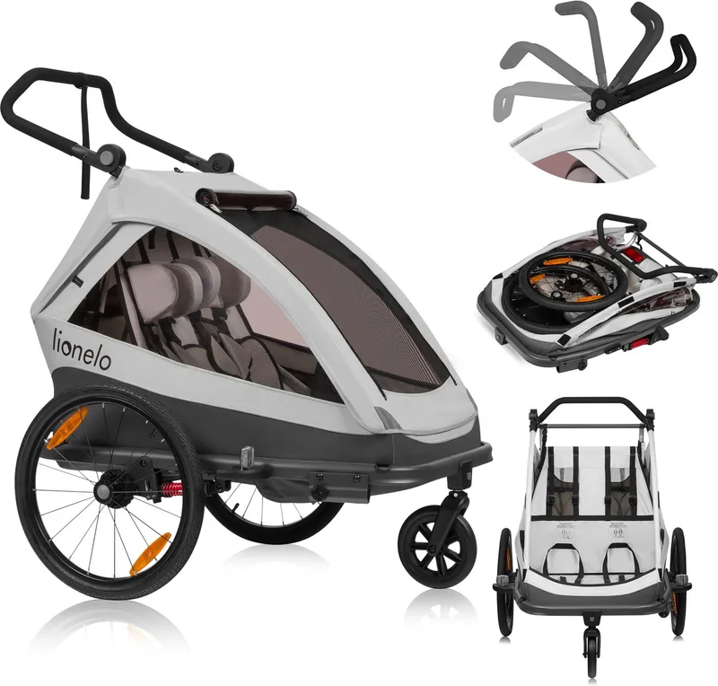 Cama Fietskar 2in1 - Fiets aanhanger + Kinderwagen voor 2 Kinderen - 360° Voorwiel - 60L Bagageruimte - Full Vering - 5-Punts Gordels - Grote Luchtbanden - UPF50+ & Waterafstotend - Kinderfietskar & Buggy Inklapbaar - Wandelwagen - Tot 2x22kg van Lionelo in Grijs – productfoto