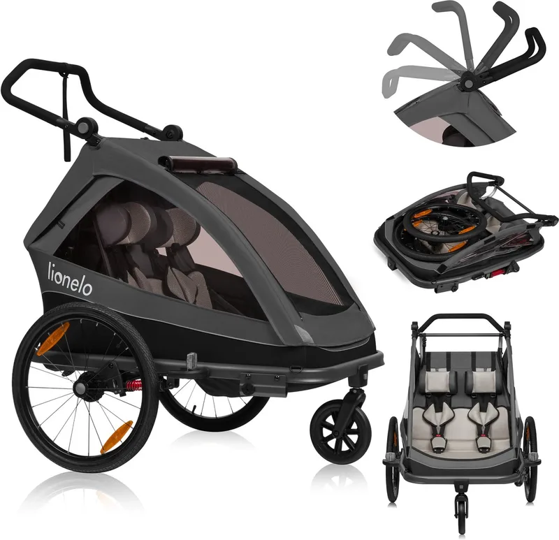 Cama Fietskar 2in1 - Fiets aanhanger + Kinderwagen voor 2 Kinderen - 360° Voorwiel - 60L Bagageruimte - Full Vering - 5-Punts Gordels - Grote Luchtbanden - UPF50+ & Waterafstotend - Kinderfietskar & Buggy Inklapbaar - Wandelwagen - Tot 2x22kg van Lionelo in Grijs – productfoto