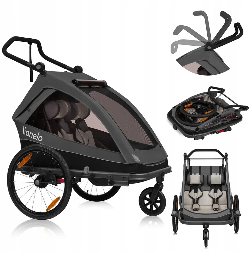 Cama Fietskar 2in1 - Fiets aanhanger + Wandelwagen voor 2 Kinderen - 360° Voorwiel - 60L Bagageruimte - Full Vering - 5-Punts Gordels - Grote Luchtbanden - UPF50+ & Waterafstotend - Kinderfietskar & Buggy Inklapbaar - Kinderwagen - Tot 2x22kg van Lionelo in Grijs – productfoto