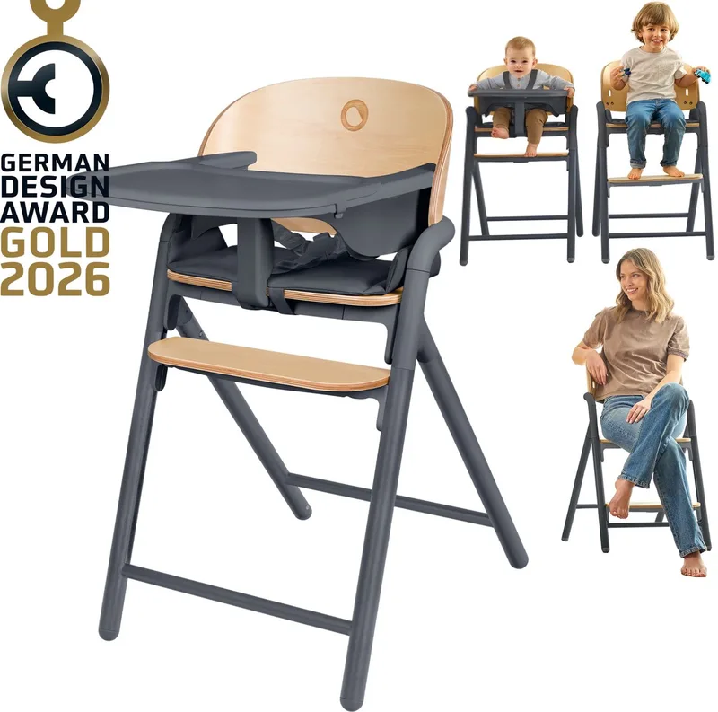 Celia 3-in-1 Houten Kinderstoel – Van Baby tot Volwassene – Verstelbare Zitting & Voetsteun – 5-punts Gordel – Eco-leer Bekleding – Inclusief BabySet & Eetblad – Draagvermogen tot 110 kg by Lionelo in Grijs – product photo