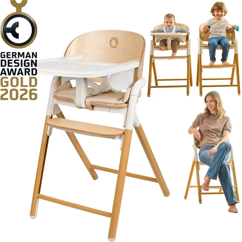 Celia 3-in-1 Houten Kinderstoel – Van Baby tot Volwassene – Verstelbare Zitting & Voetsteun – 5-punts Gordel – Eco-leer Bekleding – Inclusief BabySet & Eetblad – Draagvermogen tot 110 kg van Lionelo in Wit – productfoto