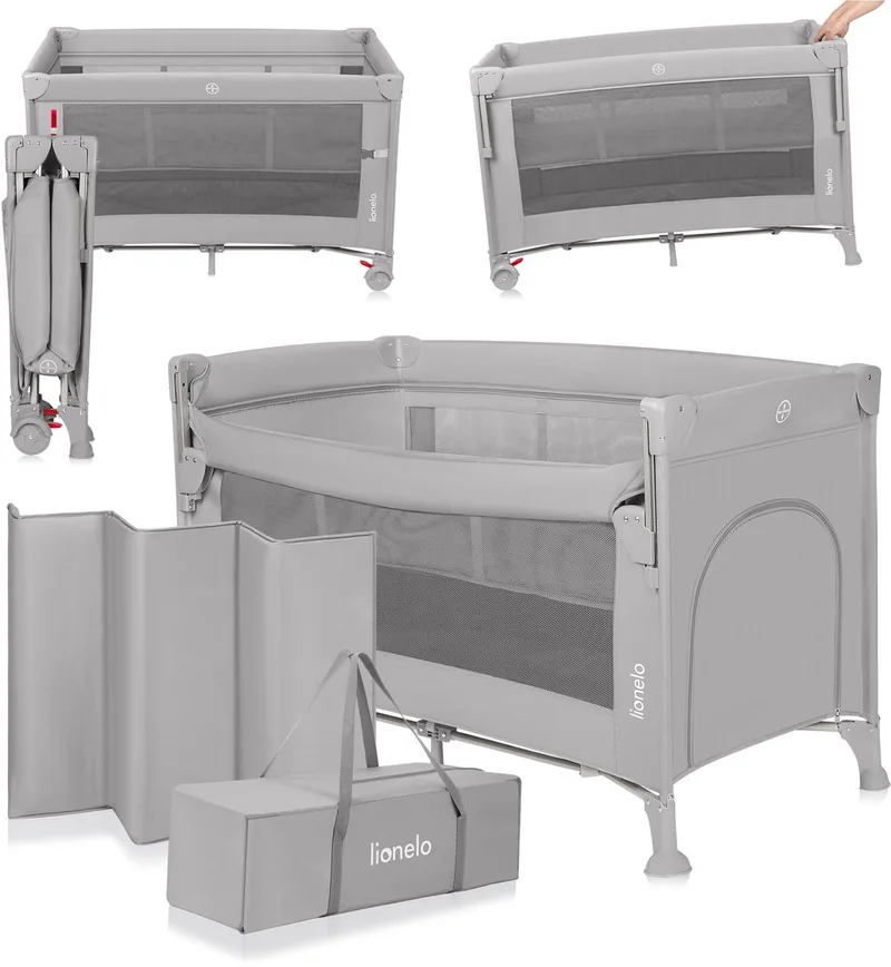 Ellen Reisbedje 3 in 1 – Aanschuifbedje, Baby- & Peuterbed - Co-Sleeper -– Campingbed – 2 Matrasposities – Opvouwbaar – Wieltjes met Rem – Inclusief Draagtas – Tot 15 kg van Lionelo in Grijs – productfoto