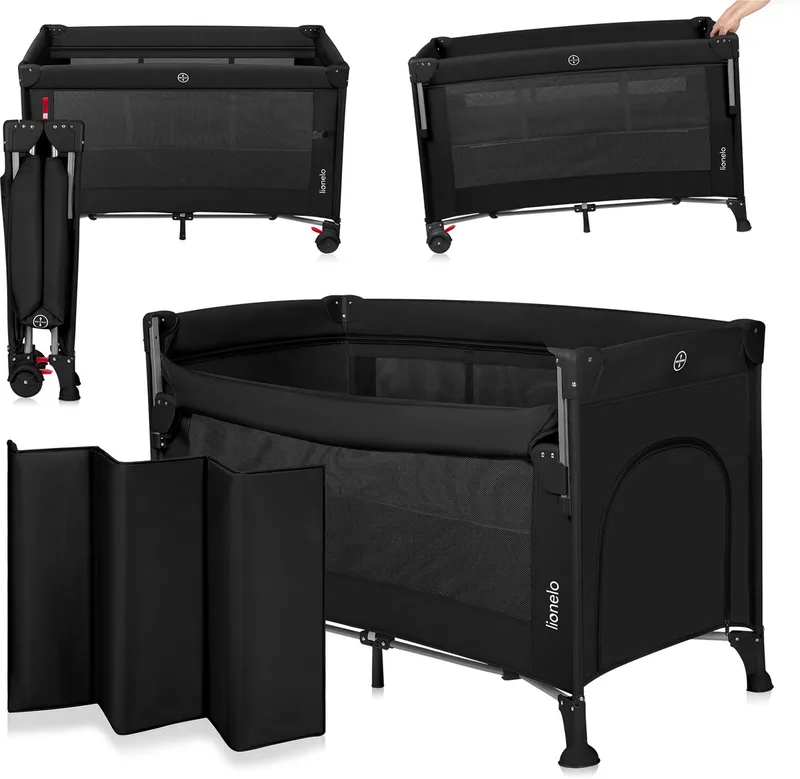 Ellen Reisbedje 3 in 1 – Aanschuifbedje, Baby- & Peuterbed - Co-Sleeper -– Campingbed – 2 Matrasposities – Opvouwbaar – Wieltjes met Rem – Inclusief Draagtas – Tot 15 kg van Lionelo in Zwart – productfoto