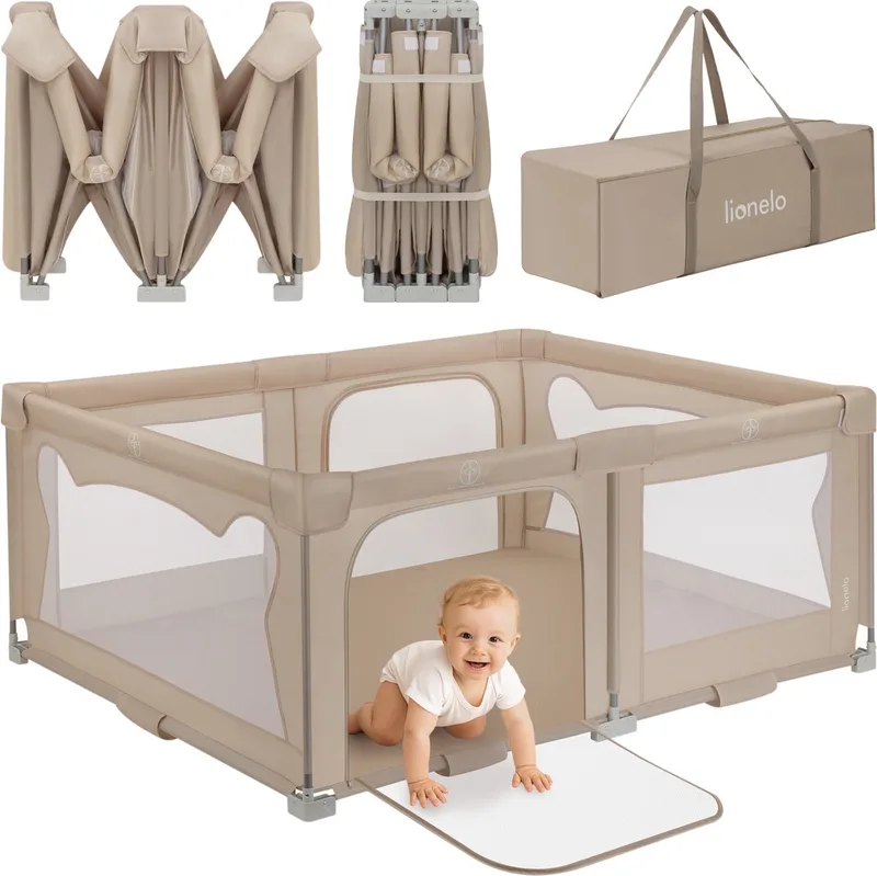 Florence Easy Fold - Grondbox / Baby Box – Zeer Snel Inklapbaar – 150x180 cm – voor Thuis en Tuin – 0-48 maanden – Veilige kinderbox – Draagtas – Compact na Inklappen – Speelbox met Ademend Gaas – 2 Zij-ingangen met rits by Lionelo in Beige – product photo