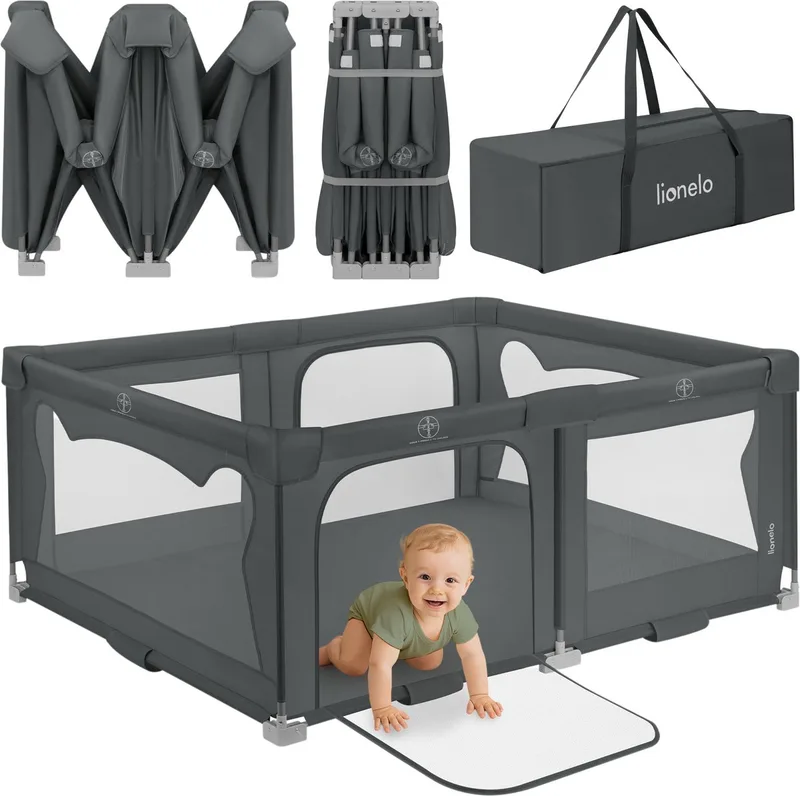 Florence Easy Fold Grondbox / Baby Box – Zeer Snel Inklapbaar – 150x180 cm – voor Thuis en Tuin – 0-48 maanden – Veilige kinderbox – Draagtas – Compact na Inklappen – Speelbox met Ademend Gaas – 2 Zij-ingangen met rits de Lionelo en Grijs – photo produit