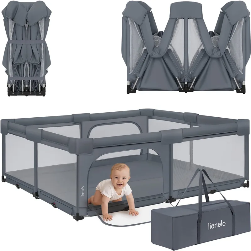 Florence Easy Fold XL – Grondbox / Baby Box 180×200 cm – Extra Grote Box - Snel Opvouwbaar Zonder Montage – Speelbox met Zijopeningen met Rits – Ademend Gaas – Compact Op te Bergen – Inclusief Draagtas by Lionelo in Grijs – product photo