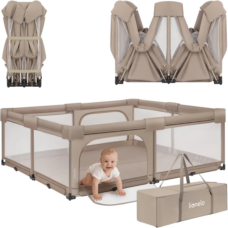 Florence Easy Fold XL – Grondbox / Baby Box 180×200 cm – Extra Grote Box - Snel Opvouwbaar Zonder Montage – Speelbox met Zijopeningen met Rits – Ademend Gaas – Compact Op te Bergen – Inclusief Draagtas by Lionelo in Beige – product photo
