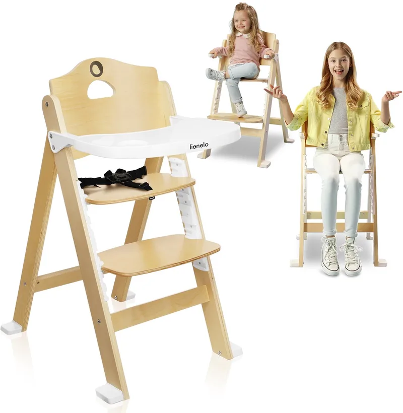 Floris Kinderstoel 3in1 – Eetstoel, kinderstoel met voetensteun & stoel tot 40kg – 4-traps verstelbare zitting en voetensteun – Berkenhout, afneembare tafel, veiligheidsgordels – Scandinavisch design, groeit mee met kind van Lionelo in Wit – productfoto