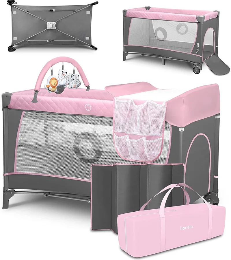 Flower Campingbedje - 2in1 - Meegroeibed - Co-sleeper - LockGuard - draagtas - Reisbedje/Box - Praktische Zij-Ingang met Ritssluiting - Hoogwaardige Schuimmatras - Snel Opvouwsysteem - Multifunctionele Box en Reiswieg van Lionelo in Roze – productfoto