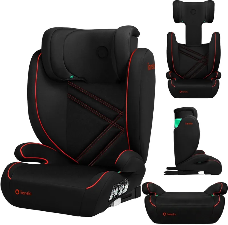 Hugo i-Size – Autostoel – Groep 2 3 (3,5-12 jaar / 15 tot 36 kg / 100-150 cm) – ISOFIX – 2 in 1 : ZITVERHOGER met Afneembare Rugleuning - Verstelbare Hoofdsteun – Geavanceerde Zijbescherming – Memory Foam - Wasbaar – Comfortabele Zitting by Lionelo in Zwart – product photo