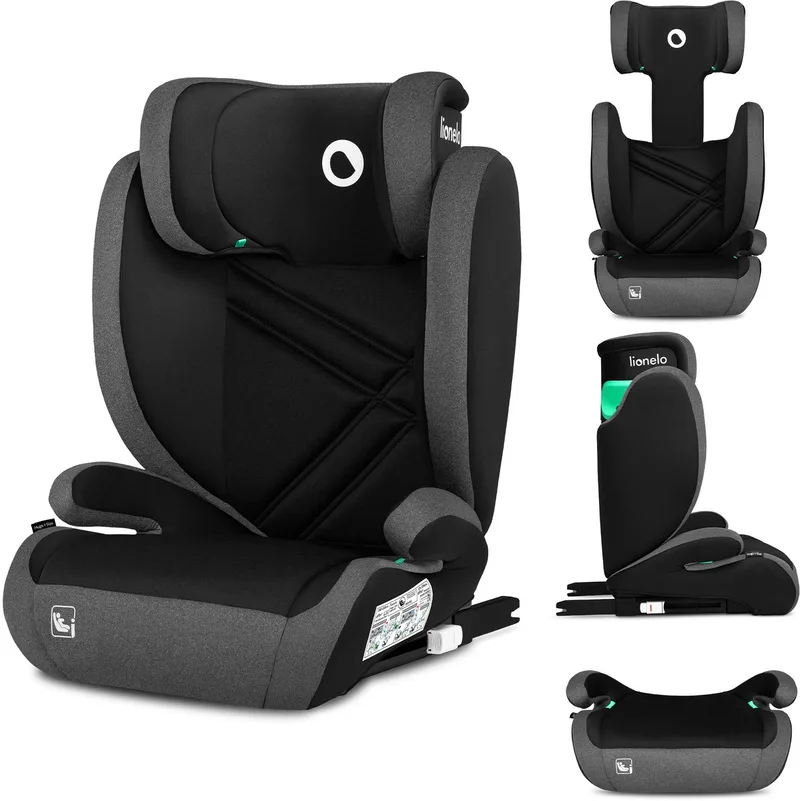 Hugo i-Size – Autostoel – Groep 2 3 (3,5-12 jaar / 15 tot 36 kg / 100-150 cm) – ISOFIX – 2 in 1 : ZITVERHOGER met Afneembare Rugleuning - Verstelbare Hoofdsteun – Geavanceerde Zijbescherming – Memory Foam - Wasbaar – Comfortabele Zitting van Lionelo in Grijs – productfoto